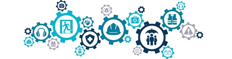 banner showing cogs containing common health and safety logos and icons