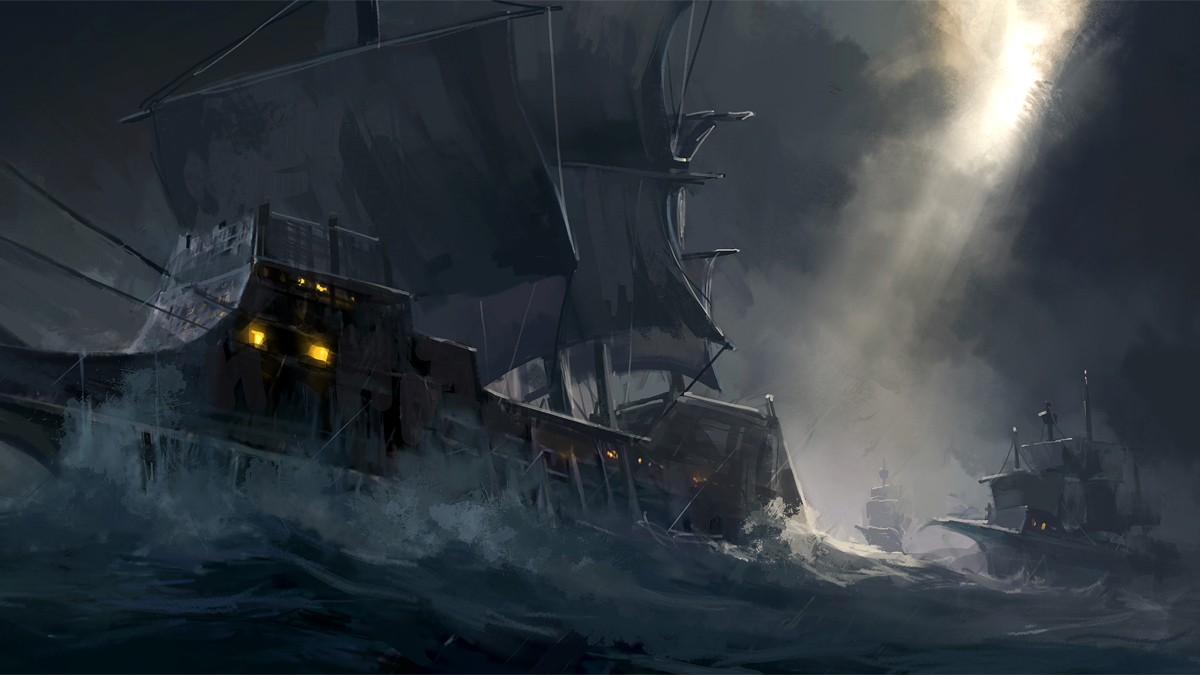 pirate ships in a dark storm