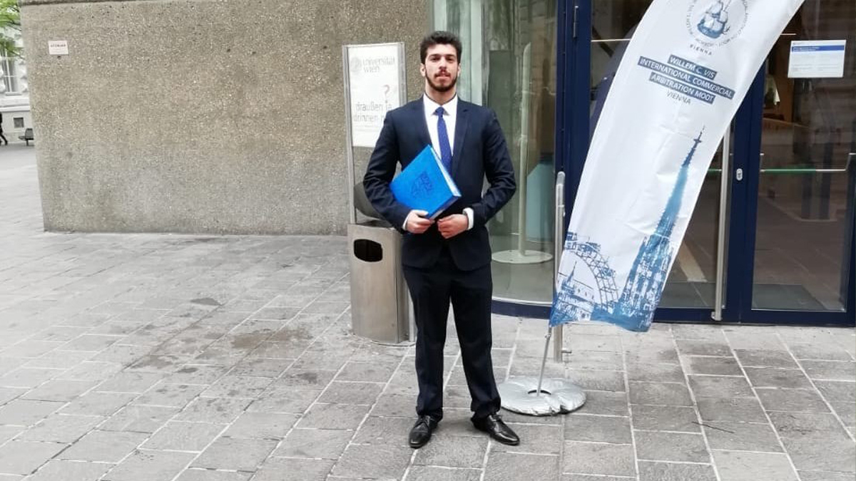 A picture of Eyas taken at the International Commercial Arbitration Moot in Vienna