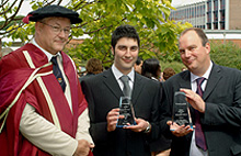 Ahmet Omer in the Centre,Professor Edward Stansfield of TRT UK Ltd on the left, Head of the Electronic Engineering Department, EurIng Chris Guy on the right