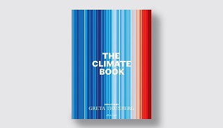 Greta Thunberg's The Climate Book with climate warming stripes on the cover