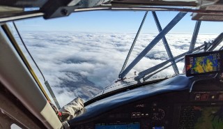 View of sea ice in the Norwegian Arctic, from the cockpit of the research plane