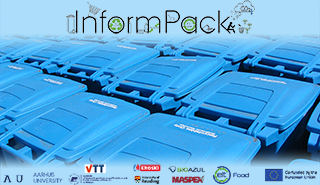 InformPack project and partner logos, against a background of rows of blue bins