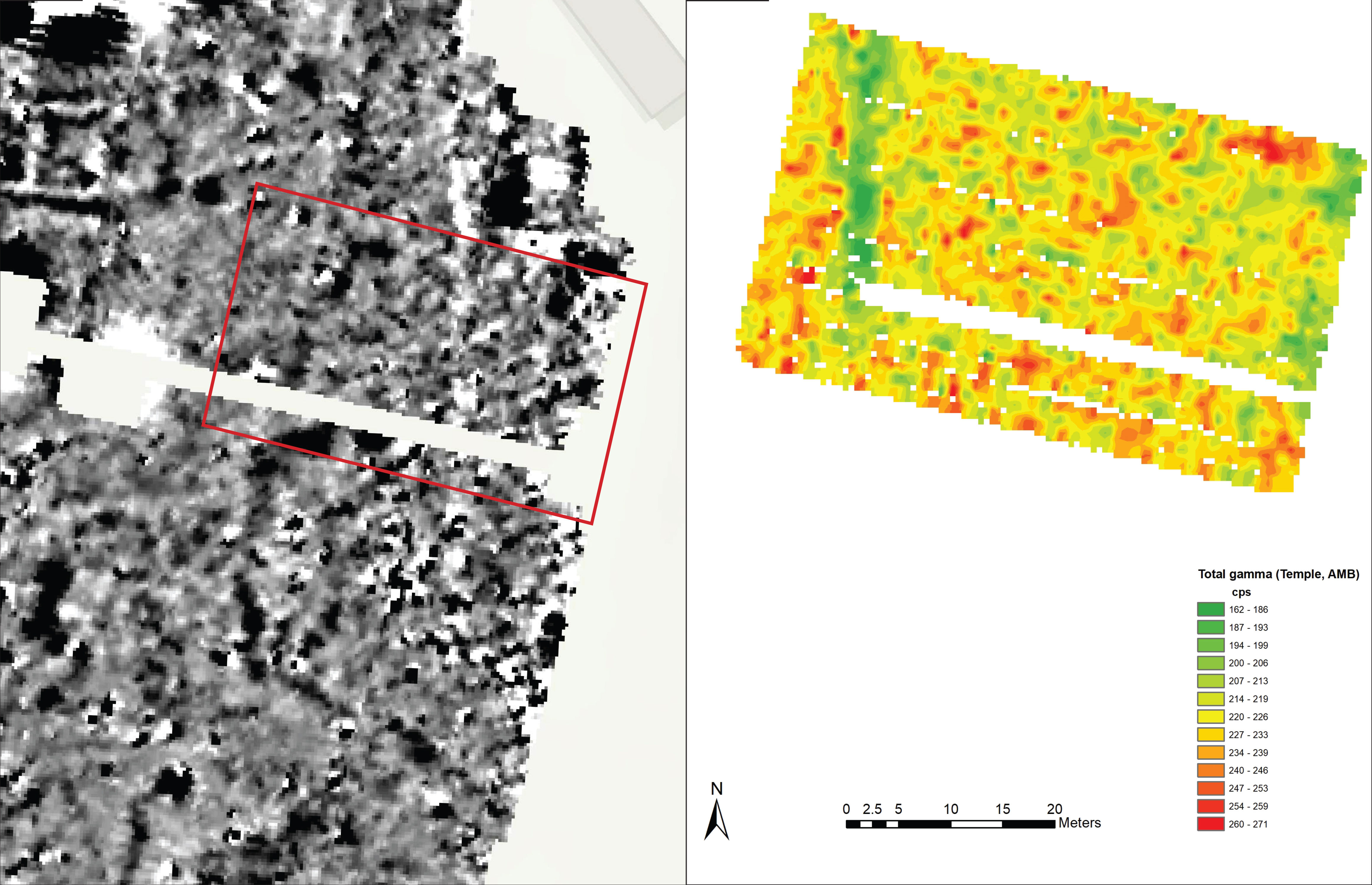 Geophysical survey image (L) and gamma-ray spectrometer survey image (R) at the Temple site in Silchester