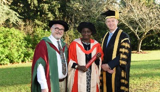 Left to right: Dr Geoff Taggert from the Institute of Education, Nancy Mudenyo Hunt from The Nasio Trust, Paul Lindley, the University of Reading Chancellor