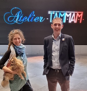 Lucy Tammam (L) and Professor Ed Hawkins (R) at the London Fashion Week launch of the Tammam x University of Reading eco-friendly range
