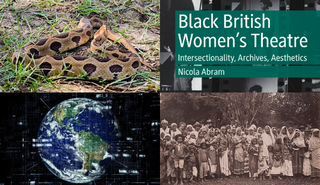 Four images in a grid; a viper snake, the cover of Nicola Abrams' book, planet Earth and a photograph of indentured workers from India.