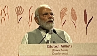 Indian Prime Minister Narendra Modi at a Global Millets Meeting in Dehli, March 2023