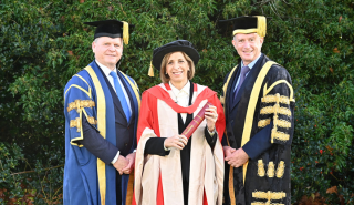 Vice Chancellor Robert Van De Noort, Stella Kyriakides, and Chancellor Paul Lindley