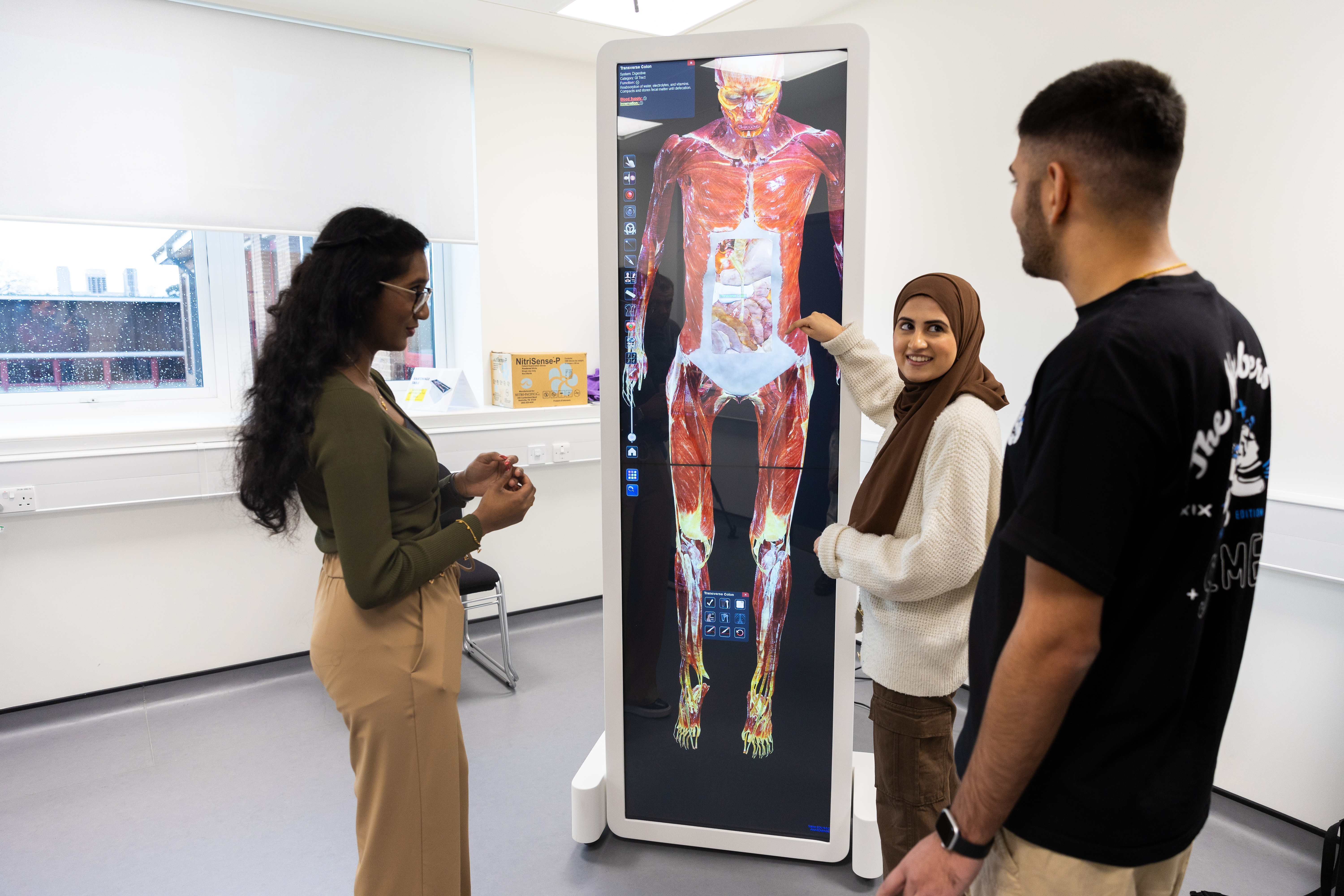 Three university students looking at a digital image of a human body on an anatomage table