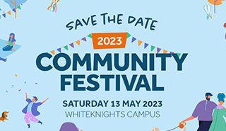 graphic with text reading Save the Date Community Festival Saturday 13 May 2023 Whiteknights campus, and illustrations of people walking, relaxing, and dancing.