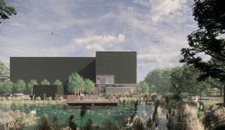 View across a pond of the main entrance of the proposed Natural History Museum facility in Shinfield