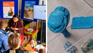 Two pictures side by side. Left: researchers working on the SEE & EAT project interacting with children at a science festival. Right: a blue sculpture situated in the Ure Museum.