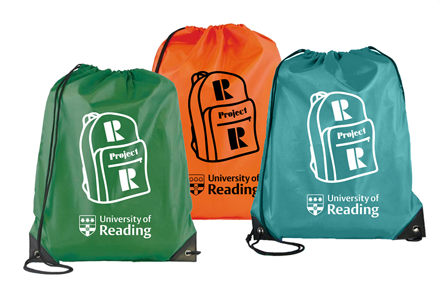 Three different coloured drawstring rucksacks with the 'Resilience Rucksack' project logo on