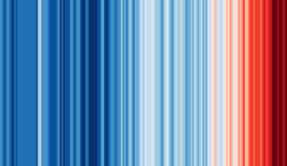 2023 climate stripes ranging from dark blue to light blue to light red to dark red