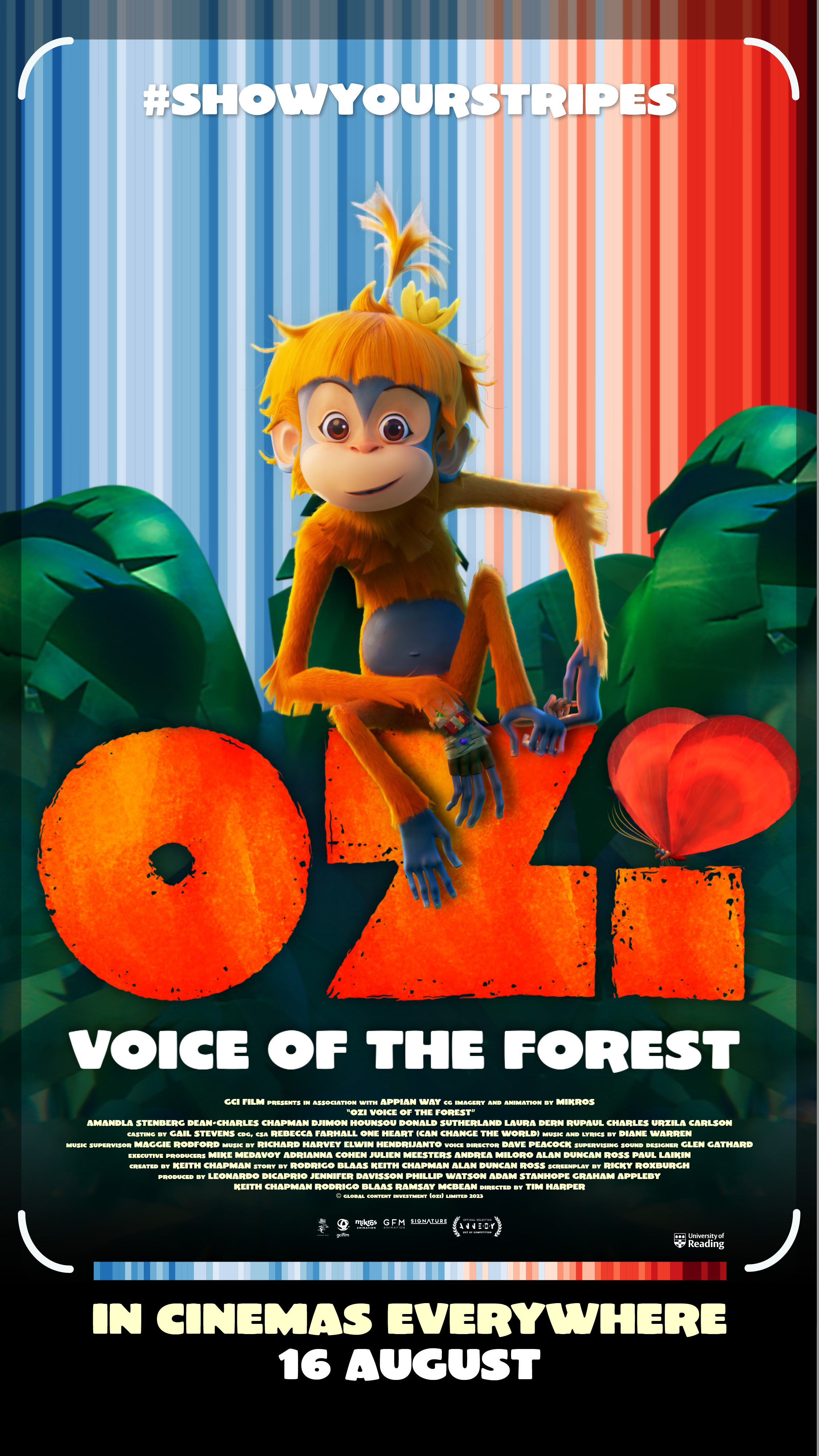 Promotional poster for the film 'Ozi, Voice of the Forest', displaying the climate stripes and an animated cartoon monkey