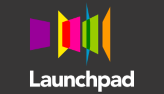 Abstract logo with purple, pink, green and yellow shapes suggesting an opening door, on grey background. White text: Launchpad