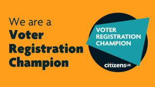 Purple text on orange background: We are a voter registration champion