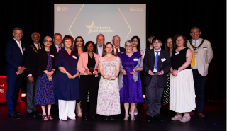 Winners, nominators and award presenters gather for a picture at the 2025 Celebration of Volunteering