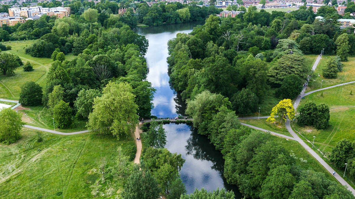 Aerial view of the lake on Whiteknights campus.