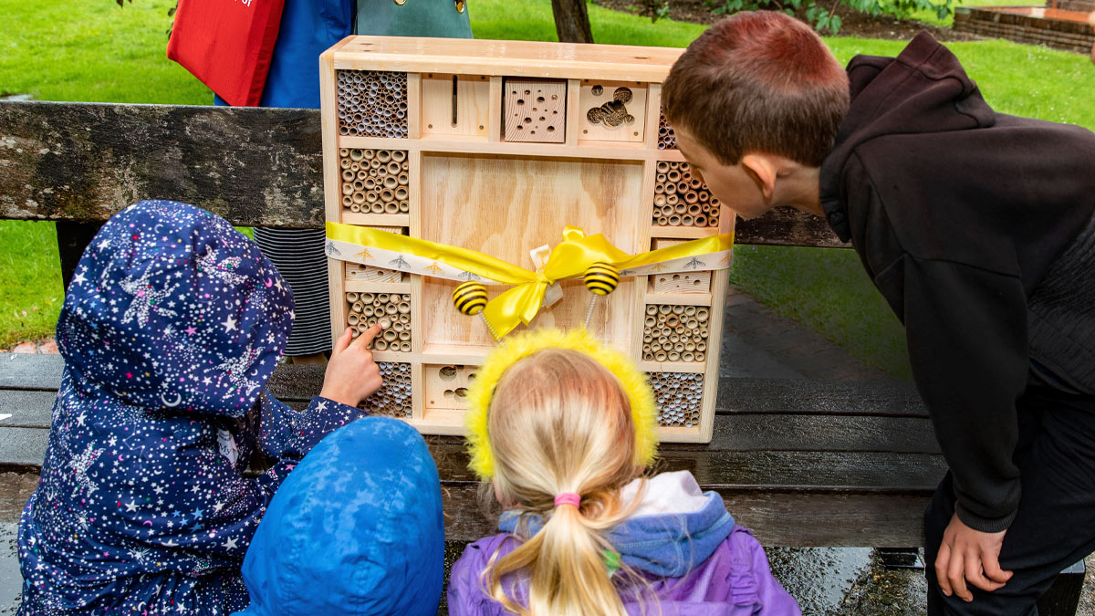 Children learning about a bug hotel at the University of Reading