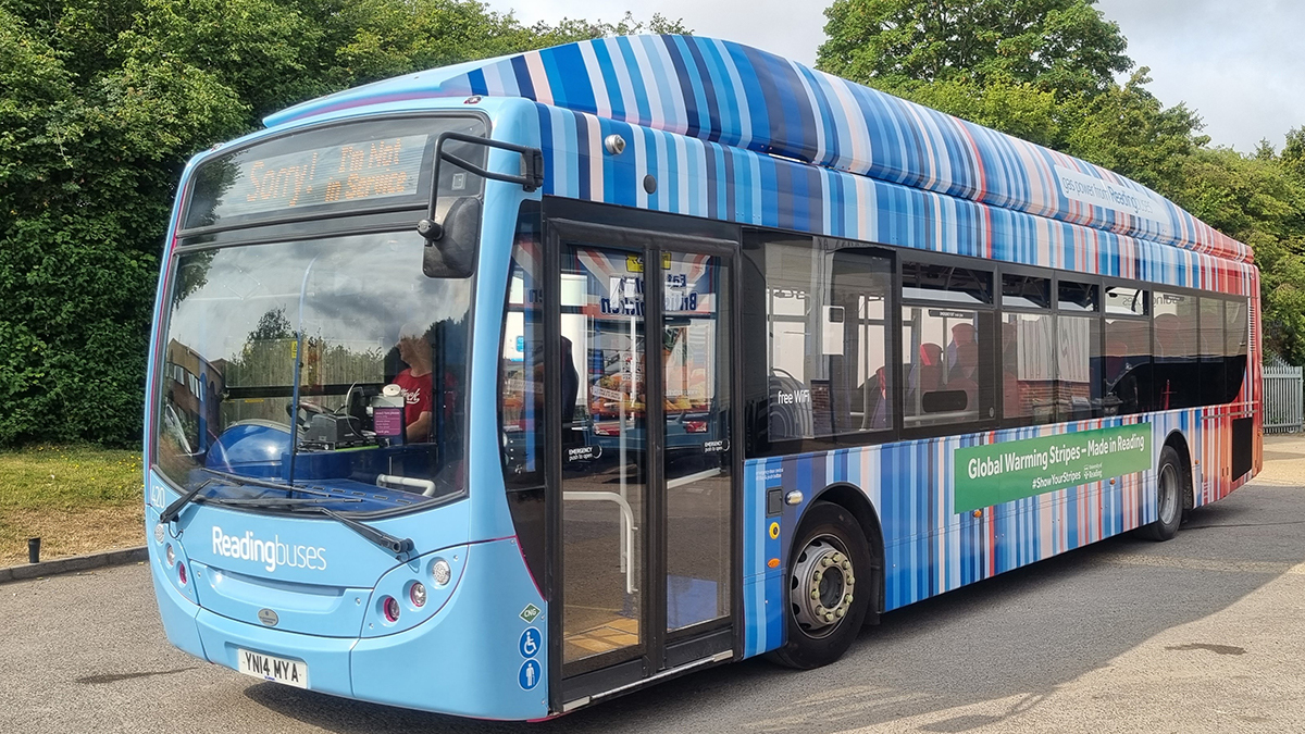 Reading Buses bus with climate stripes branding
