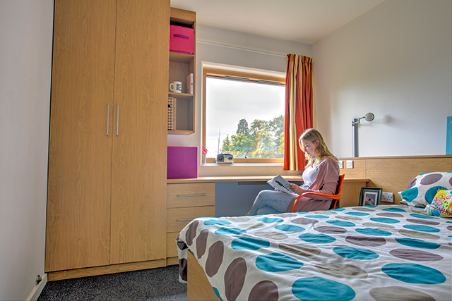 Student reading a book in a bedroom