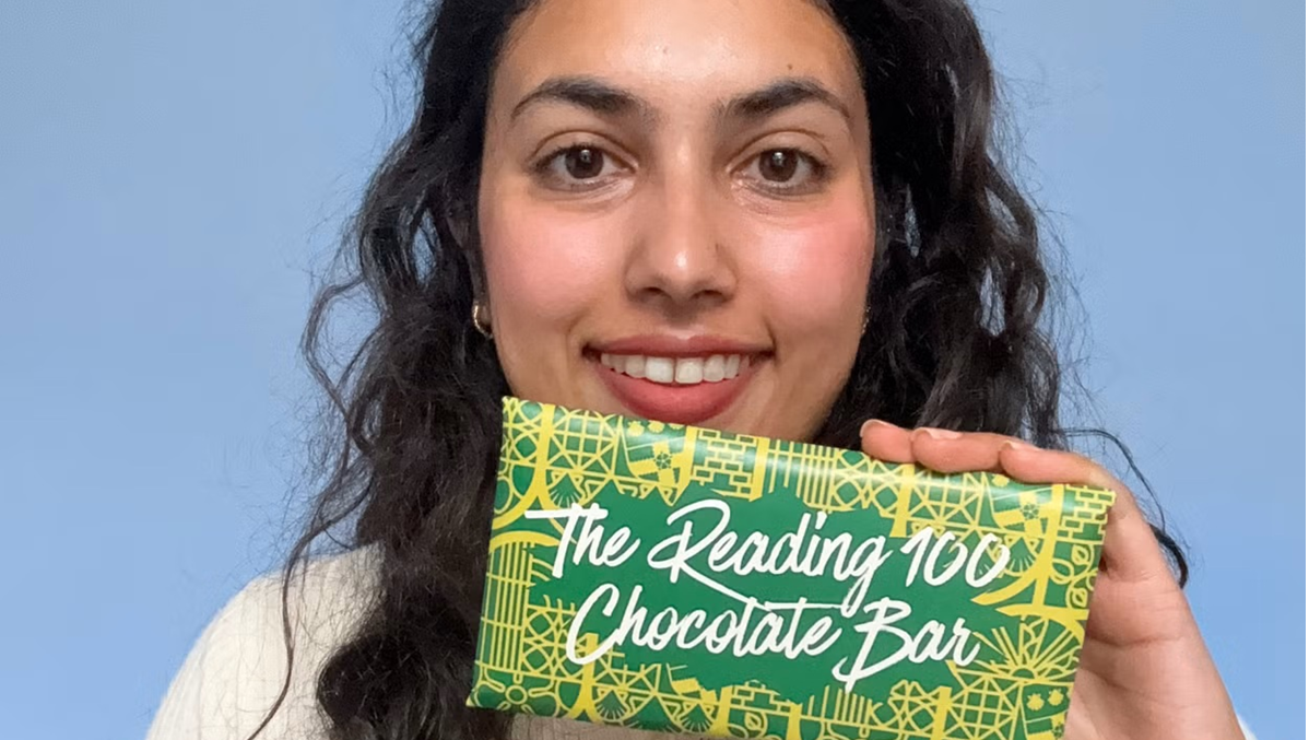 Maha with her 100% British chocolate bar