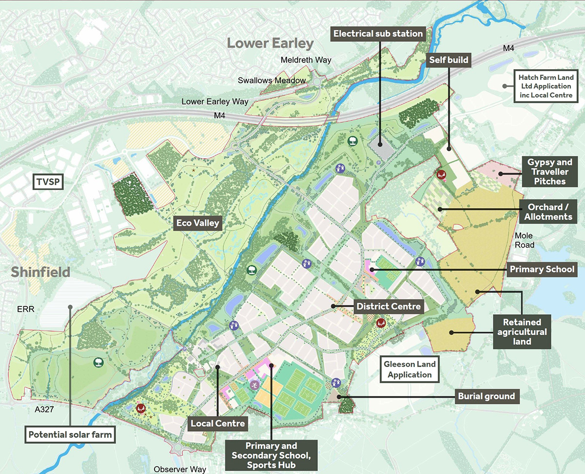 Detailed technical map showing the relative locations of the proposed developments around Shinfield