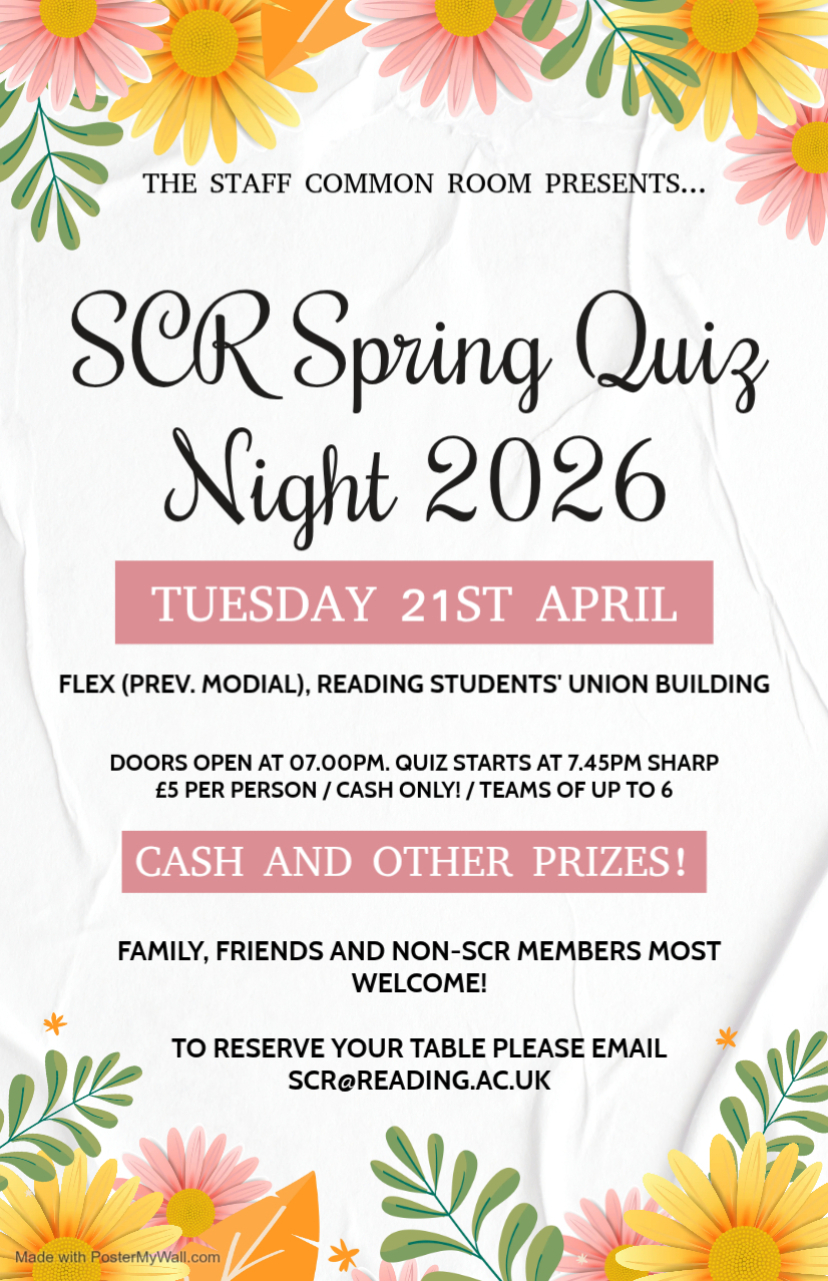 SCR Spring Quiz 2026 Poster - 7PM Tuesday 21 April, in Flex, Reading Students' Union Building 