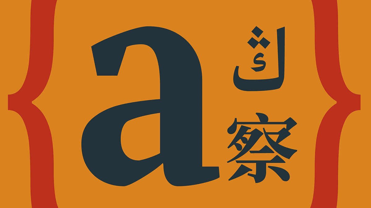 Examples of different typefaces in different scripts on an orange background