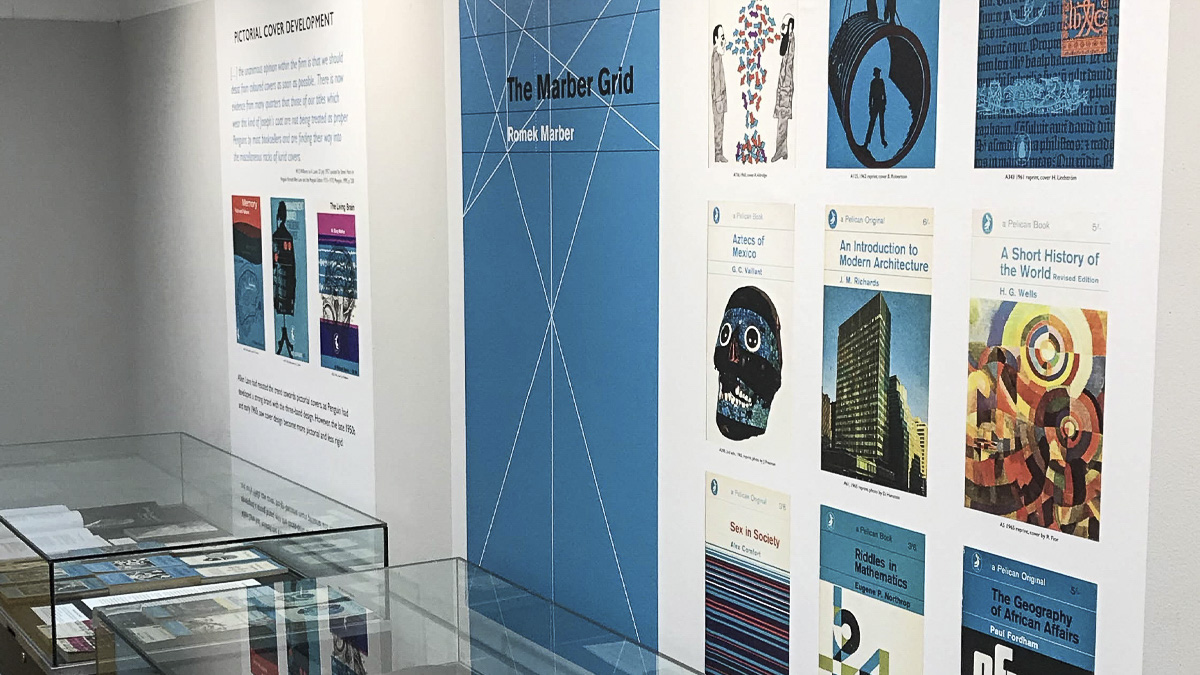 Display of Penguin book cover designs in the Department of Typography's exhibition space