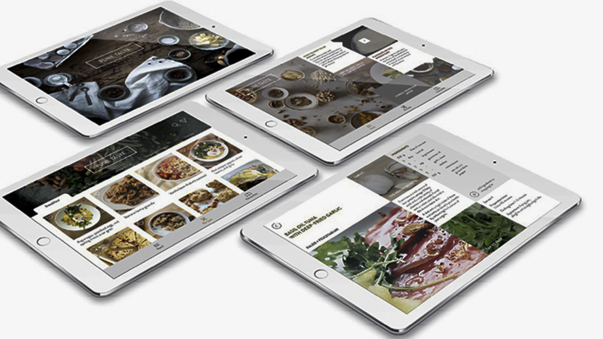 PURE TASTE recipe app designed by Emma Beckingsale as part of her BA Graphic Communication degree