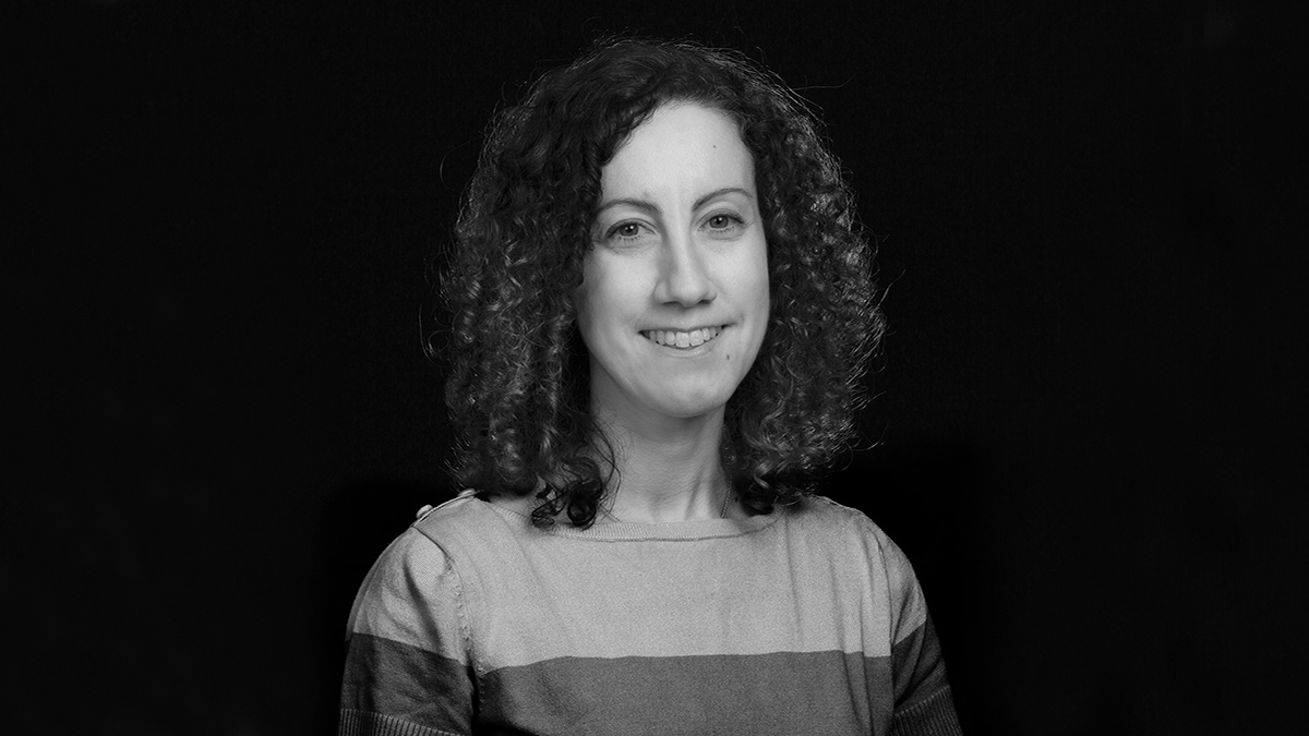 Black and white portrait of Dr Rachel Warner, Lecturer in the Department of Typography and Graphic Communication